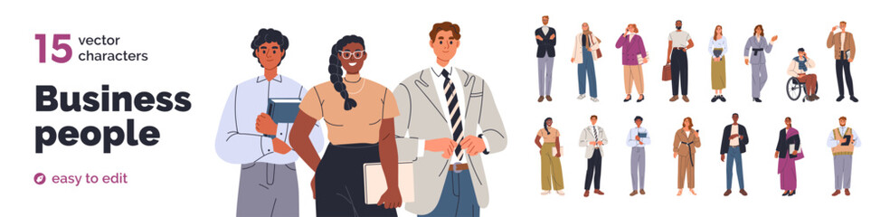 Diverse business people, businessmen and businesswomen set. Employees, office workers, managers, entrepreneurs, CEO. Men and women professionals. Flat vector illustration isolated on white background