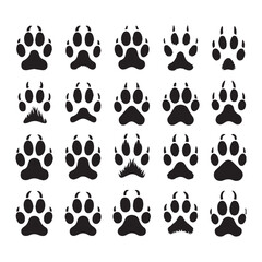 Fototapeta premium Twenty black animal paw prints and tracks arranged in a grid on a white background animal track