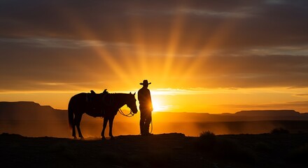 Majestic sunset silhouette of a cowboy and horse standing on a desert ridge, perfect for western themes, travel ads, or rugged outdoor adventures
