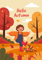 Autumn season illustration poster design with children playing in the park, falling leaf for social media post, banner, or presentation.