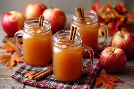 Autumn apple cider in mason jars with cinnamon sticks on rustic wooden table. Mason jars filled with fresh apple cider, cinnamon sticks and apples. Cozy autumn drink concept
