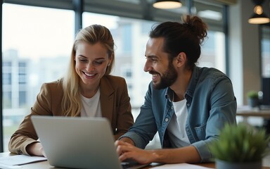 Its up to both of us to bring the results. Shot of a young businessman and businesswoman using a laptop in a modern office. High quality