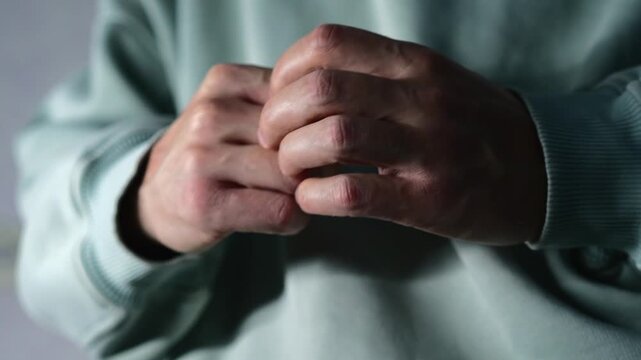 A man scratches his palm.
An itchy palm could be due to an allergy or an insect bite.
A man's palm, close-up.