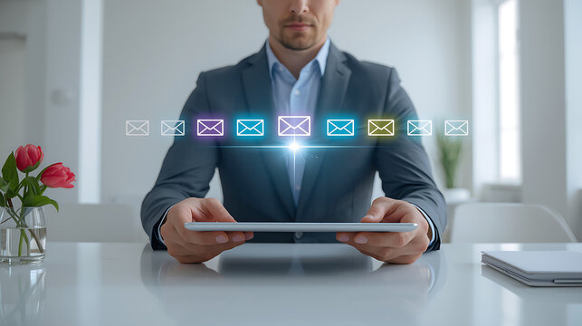 Professional interacting with a sleek digital tablet, surrounded by glowing email icons, symbolizing modern communication, connectivity, and essential business information flow - Powered by Adobe