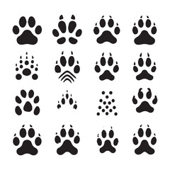 Fototapeta premium Variety of black silhouette animal paw prints and abstract patterns on a white background animal track