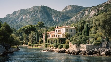 Fototapeta premium Luxury Villa by the Sea: A majestic villa sits peacefully beside a tranquil sea, nestled amongst verdant, undulating hills. A picture of opulence, serenity, and architectural grandeur. 