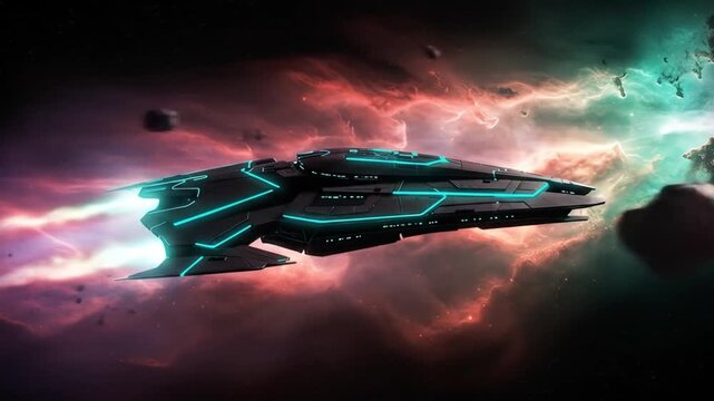 Futuristic spaceship travels through space with dynamic energy