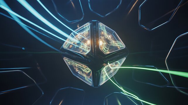 Futuristic glowing cube with energy lines digital technology and data flow concept
