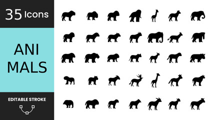 35 Wild Mammals Vector Icons Set: Editable Stroke Line Art for UI, Apps & Web. Diverse Wildlife Silhouettes including Lion, Elephant, Giraffe & Bear for Nature Design