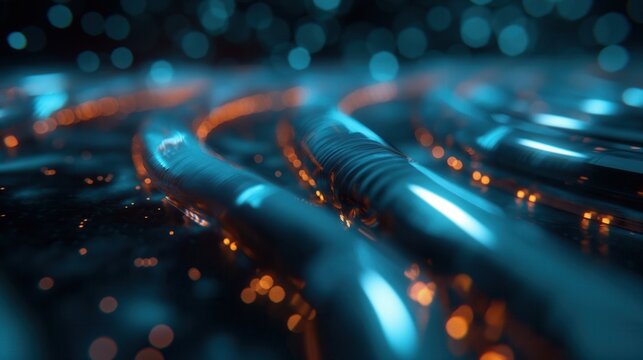 Close-up of illuminated data cables in a server room. The scene features blue and orange lights, emphasizing the technology of cloud computing and data management.