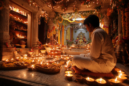 Temple priest performing Lakshmi and Dhanvantari pooja on Dhanteras.