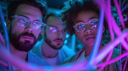Three individuals, including a person of color, wearing glasses are intensely focused on observing something with their reflections visible in their eyewear, bathed in neon purple and blue light...