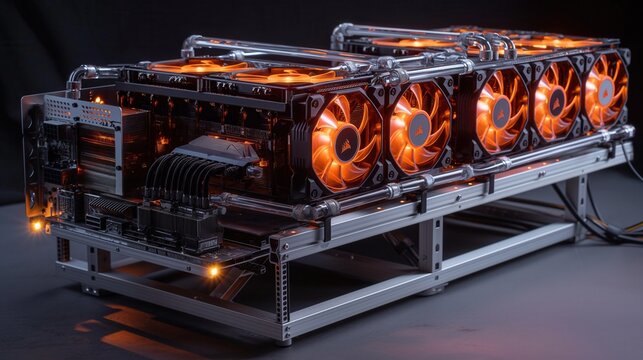 A GPU cluster with multiple cooling fans, illuminated in orange. The setup is designed for high-performance computing in a data center environment.