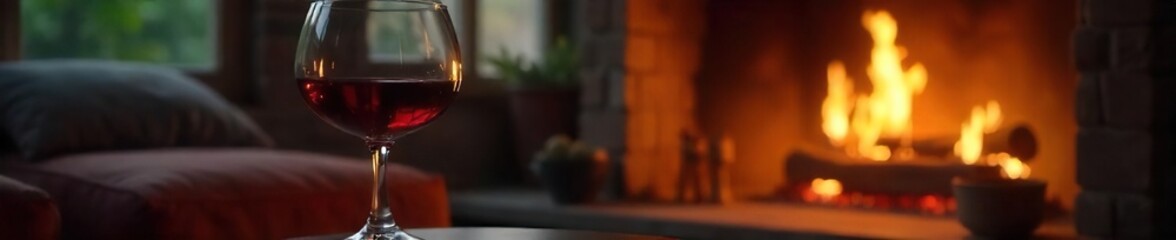 Cozy Fireplace and Wine Relaxing Evening Scene, Soft Lighting, Unwinding Atmosphere, Perfect for Stress Relief Articles and Websites