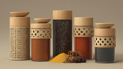 Modern Bamboo Spice Jars with Woven Rattan Details and Wood Lids