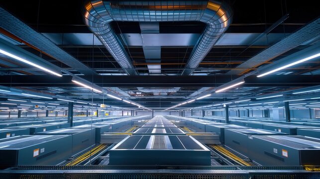 A modern data center with rows of servers and advanced cooling systems. Bright LED lights illuminate the cold aisle, showcasing efficient design for cloud computing.
