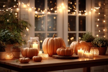 Cozy autumn pumpkin and candle decor on wooden table with warm fairy lights glow. Nighttime pumpkin carving table with string lights, candles, and carved pumpkins glowing in the dark