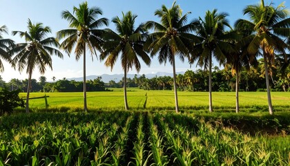 Fototapeta premium Tropical landscape with palm trees and rice paddies