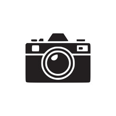 Isolated black camera icon with a lens and flash on a white background in a simple minimalist style