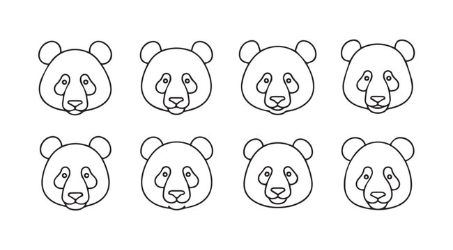 Eight unique panda bear faces line art sketches expressing different emotions and moods vector