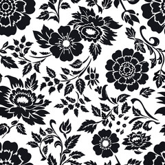 Elegant black and white floral pattern with detailed petals and leaves.