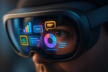 Immersive Insights: Digital Data Overlay on Man Wearing Virtual Reality Headset