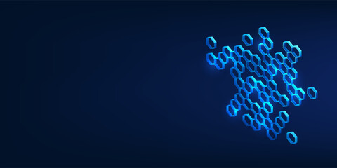 Nanotechnology medical illustration with layered hexagon molecular structure, glowing particles, and futuristic healthcare concept