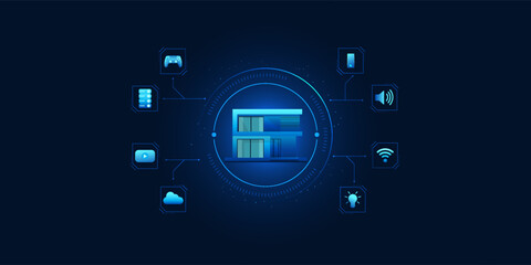 Smart home inside a technology circle connected with IoT system icons, representing automated home control and intelligent living