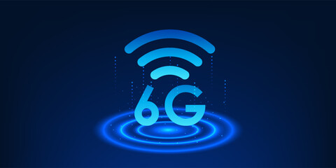 6G signal icon above circular data waves spreading outward, symbolizing ultra-fast wireless communication, IoT connectivity, and digital network expansion