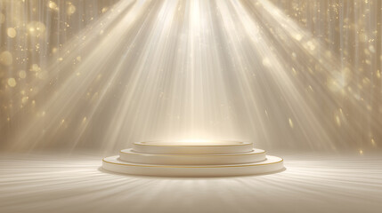 Luxurious gold podium bathed in warm spotlight beams, surrounded by twinkling particles. Ideal for awards, product launches, or media events. Evokes prestige, celebration, and high-end presentation