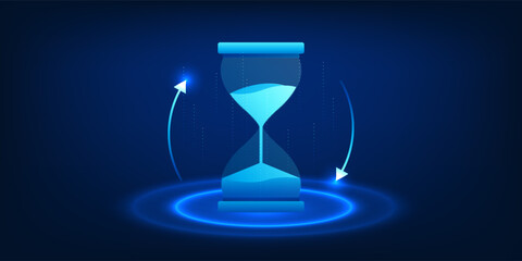 Futuristic digital hourglass surrounded by rotating arrows, symbolizing time flow, technological evolution, and continuous progress in the digital era