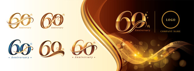 Set of 60th Anniversary logotype design, Sixty years Celebrating Anniversary Logo, Golden Elegant Serif Number 60 Letters, Luxury Classic Retro Logo for Congratulation celebration event, greeting.