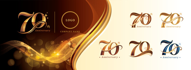 Set of 70th Anniversary logotype design, Seventy years Celebrating Anniversary Logo, Golden Elegant Serif Number 70 Letters, Luxury Classic Retro Logo for Congratulation celebration event, greeting.