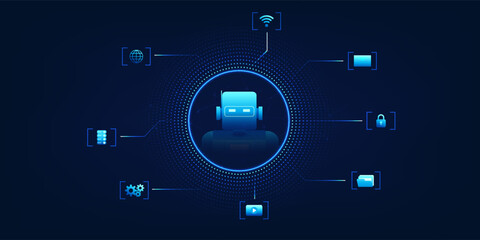 AI robot at the center of a connected circle, linked with command icons, representing intelligent automation and AI-powered control systems