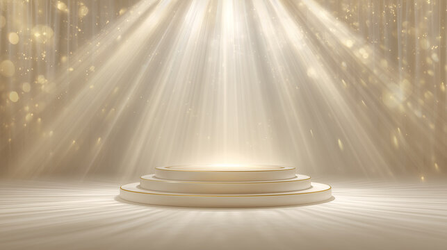 Luxurious gold podium bathed in warm spotlight beams, surrounded by twinkling particles. Ideal for awards, product launches, or media events. Evokes prestige, celebration, and high-end presentation
