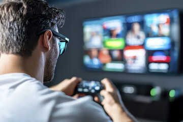 Young man playing video games with controller, focused on screen, enjoying immersive experience in modern living room