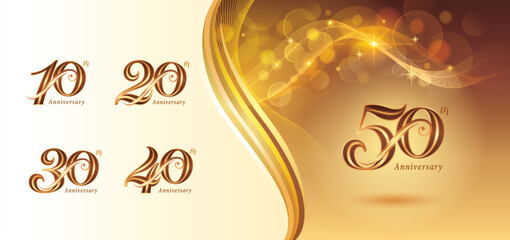 Set of 10 to 50 year Anniversary logotype design, Ten to Fifty years Celebrating Logo, Red Gold Curved Roll Lines Elegant Serif Number 10,20,30,40,50, Luxury Classic Retro Logos for Celebration event.
