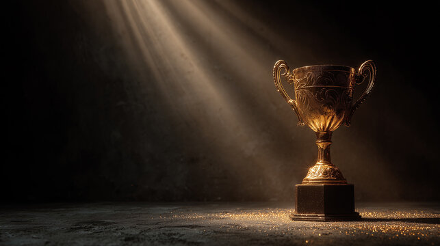 A gleaming gold trophy stands in a dark, illuminated by a dramatic spotlight. This image conveys success, achievement, and recognition, perfect for awards, competitions, and celebration theme