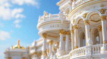 Opulent architectural design featuring intricate details, golden accents, and clear blue sky, evoking sense of grandeur