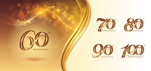 Set 60 to 100 year Anniversary logotype design, Sixty to Hundred years Celebrate Logo, Red Gold Curved Roll Lines Elegant Serif Number 60,70,80,90,100, Luxury Classic Retro Logos for Celebration event