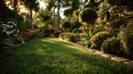 Green lawn path winding through tranquil garden