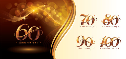 Set 60 to 100 year Anniversary logotype design, Sixty to Hundred years Celebrate Logo, Golden and Red Curved Line Elegant Serif Number 60,70,80,90,100, Luxury Classic Retro Logos for Celebration event