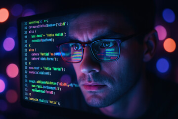 Focused Coder Immersed in Digital World, Reflected in Glasses.