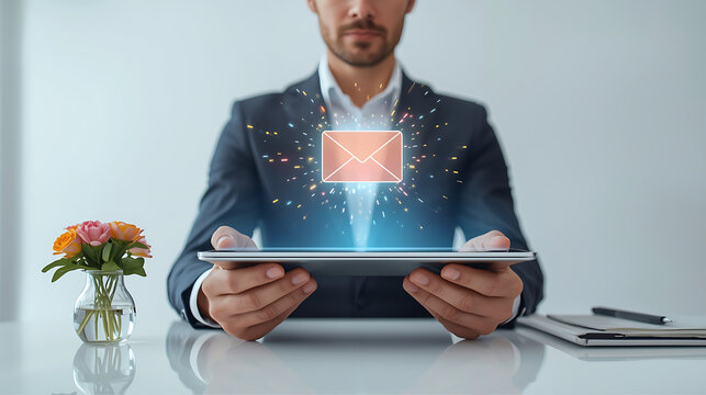Modern executive leverages a sleek tablet to launch a glowing digital envelope, signifying swift, secure, and impactful electronic correspondence and future communication - Powered by Adobe