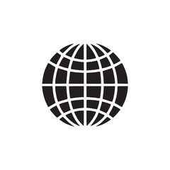 A simple black and white image featuring a stylized globe icon centered on a plain white background