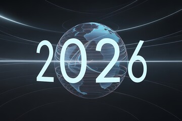 Dynamic 2026 globe graphic symbolizing future innovation, global connectivity, and technological advancement in a modern, abstract design.