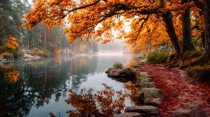 Autumn forest reflecting bright foliage in calm lake