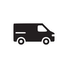 Fototapeta premium A simple black silhouette of a delivery van with two wheels on a plain white background image icon
