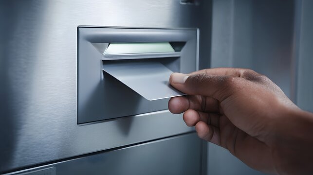 A person's hand is inserting a card into a metallic ATM machine, showcasing a  view with muted tones.