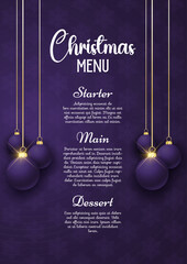 Obraz na płótnie Canvas Elegant Christmas menu background with hanging purple baubles 